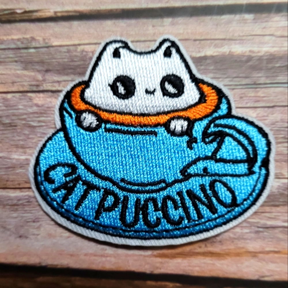Catpuccino Coffee Cat Adorable Embroidered Iron on Patch
